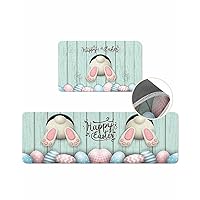 Happy Easter Kitchen Mat Easter Bunny Tails Eggs Rabbit Spring Decor Kitchen Runner Rug Set of 2,Washable,Non Slip,Blue Farmhouse Wood Anti Fatigue Comfort Standing Floor Mat for Kitchen,Sink,Laundry
