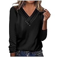 Womens Long Sleeve Button Ruched Cross V Neck Shirts Fashion Dressy Casual Loose Fit Plain Blouse Pullover Tops