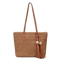 Women Summer Straw Beach Bag Handwoven Big Tote Leather Shoulder Bag Handbag with Beaded Tassel Decorate