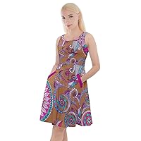 CowCow Womens Pattern Asian Elements Paisley Knee Length Skater Dress with Pockets, XS-5XL