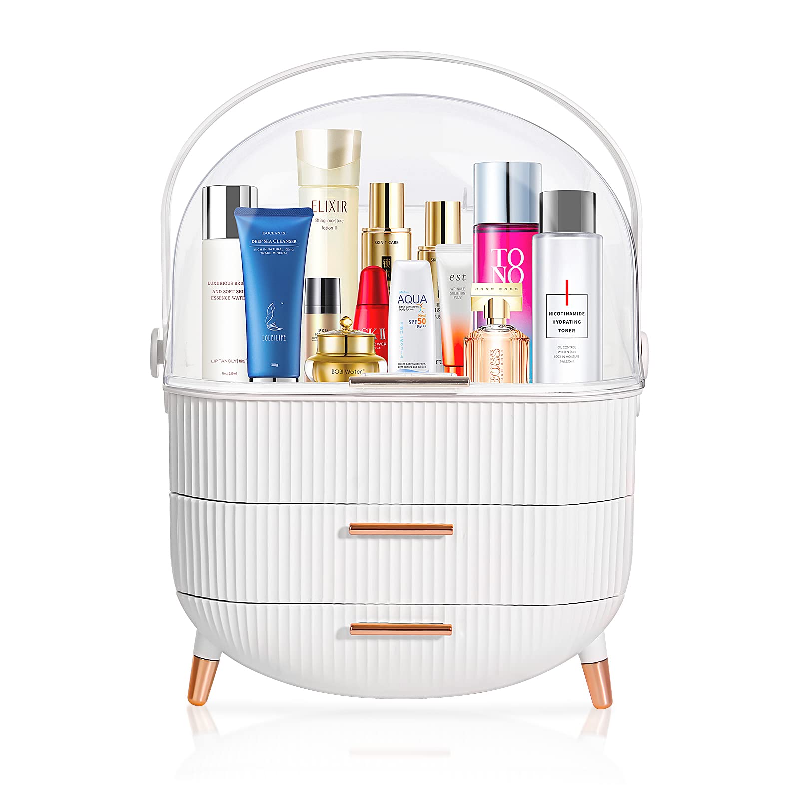MASSY Egg Shape(Oval) Makeup Storage Box, Countertop Portable Vanity Cosmetics Organizer Preppy Style (White)