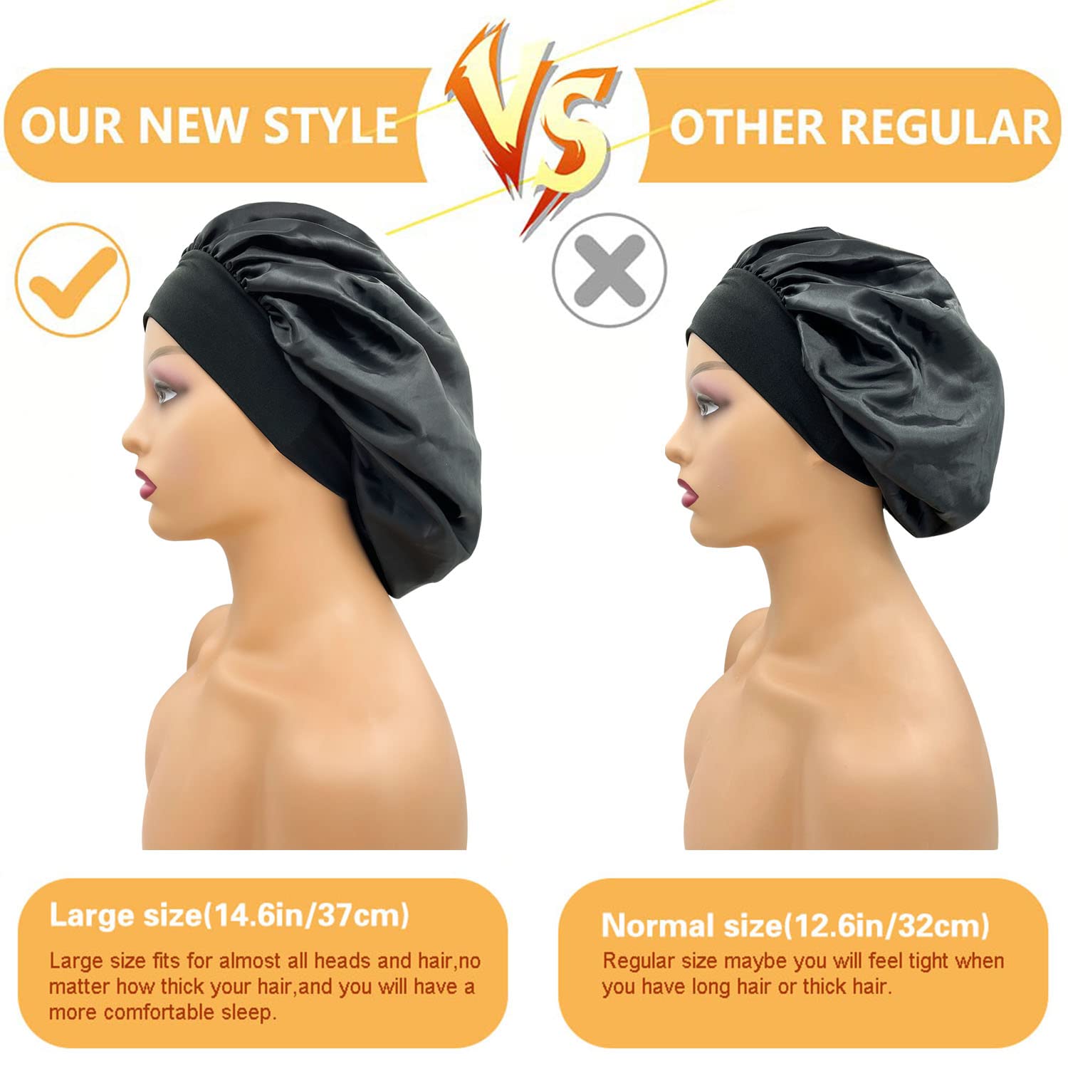 2PCS Large Satin Silk Hair Bonnet for Sleeping,Elastic Wide Band Bonnets for Black Women Braids,Silk Hair Wrap Night Sleep Caps for Women Curly and Natural Hair (Black,Wine Red)