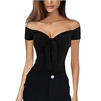 Womens Summer Short Sleeve Shirts Off The Shoulder Tops Tie Front Sexy V Neck Slim Fit Shirts Tops Blouses