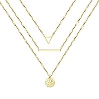 Harlorki Dainty Simple 14K Gold Plated Layered Link Chain Choker Triangle Bar Hammered Disk Pendant Necklace Fashion Jewelry Gift for Women Lady Girl
