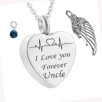 Silver Ashes Necklace Comes with Angel Wing and Birthstones Ashes Jewelry Heart Cremation Memorial Pendant for Ashes for Uncle