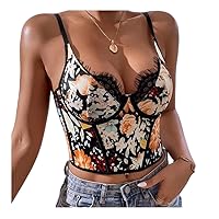 BaronHong Women's Push Up Floral Embroidery Contrast Lace Trim Bustier Corset Cami Crop Tank Tops