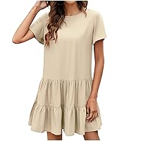 Women Cotton Linen Tiered Ruffle Hem Cute Mini Dresses Summer Short Bell Sleeve Crew Neck Trendy Casual Plain Dress