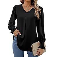 Puff Sleeve Blouse for Women Loose Fit V Neck Smocked Cuffs Shirts Solid Color Basic Long Sleeve Balloon Sleeve Tops