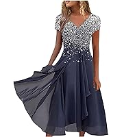 Womens Summer Dress Casual Glitter Print Midi Dress Sexy V Neck Short Sleeve Dresses Flowy Boho Beach Party Sundress