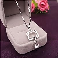 Design Luxury Crystal Rhinestone Double Heart Necklace Pendant By TenDollar (Silver)