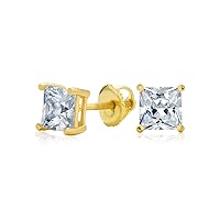 Black or Clear Brilliant Cut Square Princess Solitaire AAA CZ Stud Earrings For Men Women Secure Screw back Black Plated .925 Sterling Silver 5 6 7 8 9 MM
