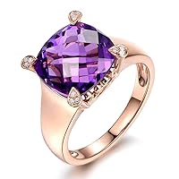 Genuine Fashion Amethyst Natural Solid 14K Rose Gold Women's Wedding Engagement Diamond Band Ring Set