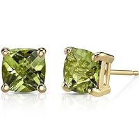 Peora 14K Yellow Gold Peridot Stud Earrings for Women, Genuine Gemstone Birthstone Solitaire, 2.25 Carats Cushion Cut, AAA Grade, Friction Back