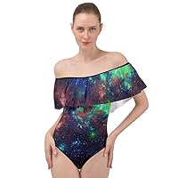 CowCow Womens Starry Night Shiny Silver Stars and Stripes Space Galaxy Off Shoulder Velour Bodysuit, XS-3XL