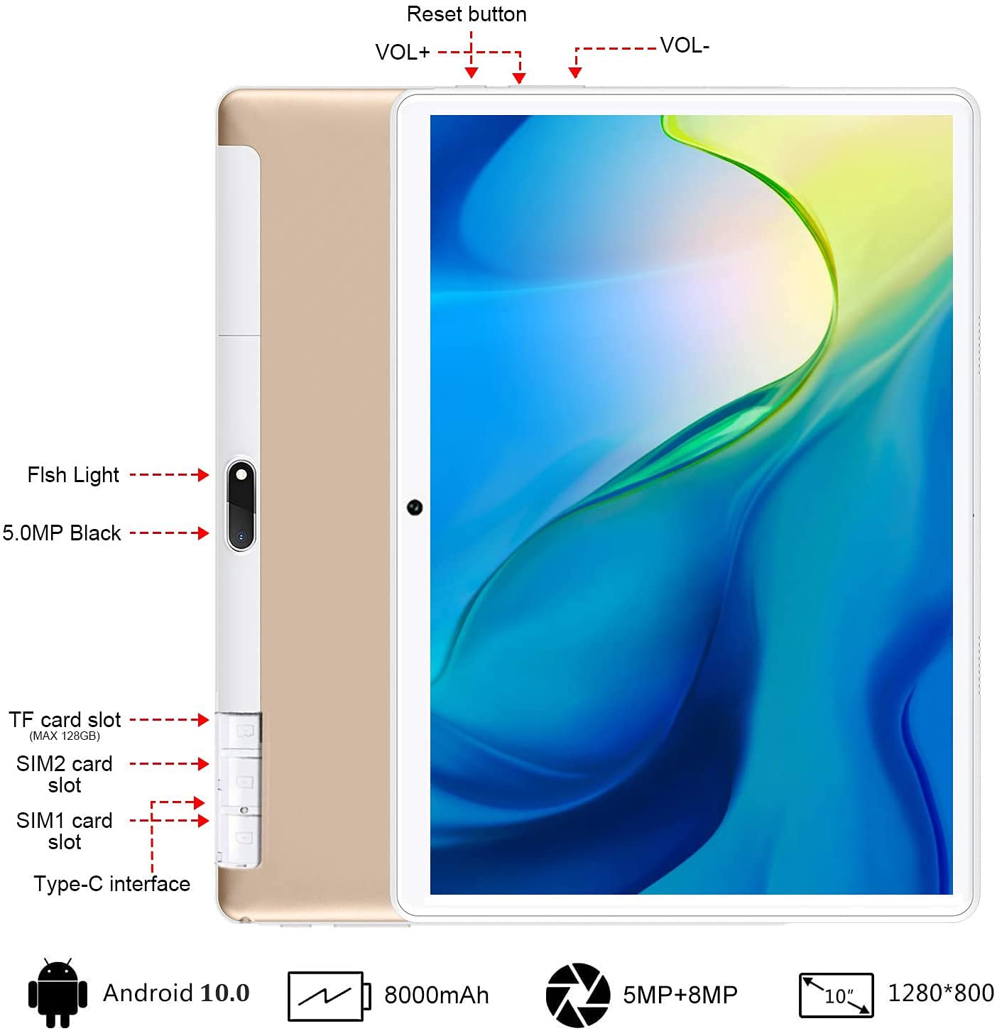 2 in 1 Tablet 10.1 Inch, High Performance Android 10.0 Tablet,64GB ROM 128GB Expand, Dual Camera,Dual 4G Cellular Tablet with Keyboard,Support Dual SimCard,8000mAh,HD/IPS,Bluetooth,GPS,WiFi,FM