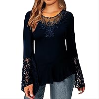 Women's Long Sleeve Tops Fashion Casual Loose Lace Splice T-Shirt Summer Tops Printing Casual, S-3XL