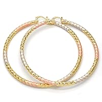 Women's Tri-Tone Twist Design 4mm Wide Medium Large Extra Extra Large 30-80mm Real 14k Gold Layered Tri Colored Round BIG Oversize Hoop Earrings