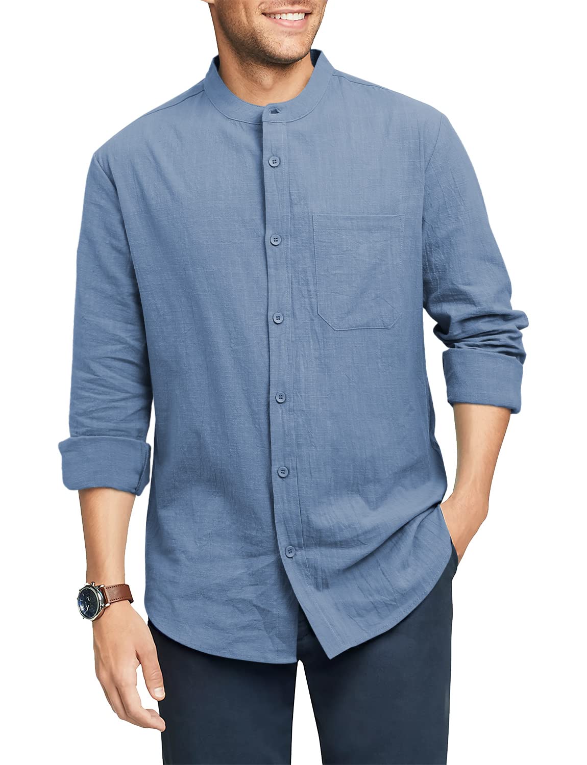 TUREFACE Mens Casual Long Sleeve Shirts Cotton Linen Button Down Regular Fit Beach Shirts