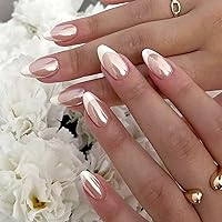 Aurora White French Tip Press on Nails Medium Length Almond Fake Nails Glossy Nude False Nails Reusable Acrylic Artificial Nails Natural Stick on Nails Glue on Nails for Women DIY Manicure Decoration