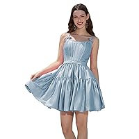Satin Homecoming Dresses Spaghetti Straps Formal Party Dress Scoop Neck Pleated Cocktail Dress