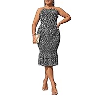 Womens Plus Size Dresses Summer Ditsy Floral Print Frill Trim Ruffle Hem Tube Dress (Color : Black and White, Size : Large)