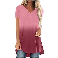 V Neck Tunic Shirts for Women Womens Casual Short Sleeve Gradient Tops 2024 Fashion Loose Fit Dressy Blouses for Leggings