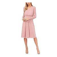 MSK Womens Pink Smocked Sheer Pullover Lined Long Sleeve V Neck Knee Length Party Fit + Flare Dress Petites PS