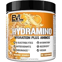Evlution Nutrition HYDRAMINO Complete Hydration Multiplier, All 6 Electrolytes, Vitamin C & B, Fluid Boosting Aminos, Coconut Water, Endurance, Recovery, Antioxidants, 30 Serve, Orange Mango