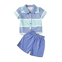 MakeMeChic Boy's 2 Piece Summer Outfits Striped Short Sleeve Button Down Collar Shirt Tops and Shorts Set