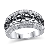Sterling Silver 1/2 cttw Round Enhanced Black and White Diamond Vintage-Style Anniversary Wedding Band Ring for Women (Color I-J, Clarity I3)