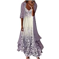 Women's 2024 Summer Dresses Casual Fashion Floral Print Maxi Dresso-Neck Long Length Flowy Two Piece Set Beach Dress