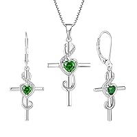 STARCHENIE Note Cross Necklace Earrings 925 Sterling Silver Crucifix Music Jewelry Set Gift for Women Created Emerald