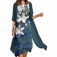 Women's Two Piece Summer Dress Sheer Chiffon Kimono with Floral Print Flowy Maxi Dress M-4XL