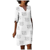 School Shift Mother's Day Dress for Ladies Short Sleeve Nice Print Thin Dresses Women's Soft V Neck Button White L