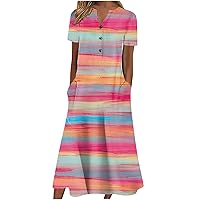 Summer Dresses for Women 2023 Elegant Print Maxi Dresses with Pocket Casual Loose Button V-Neck Short Sleeve Dress