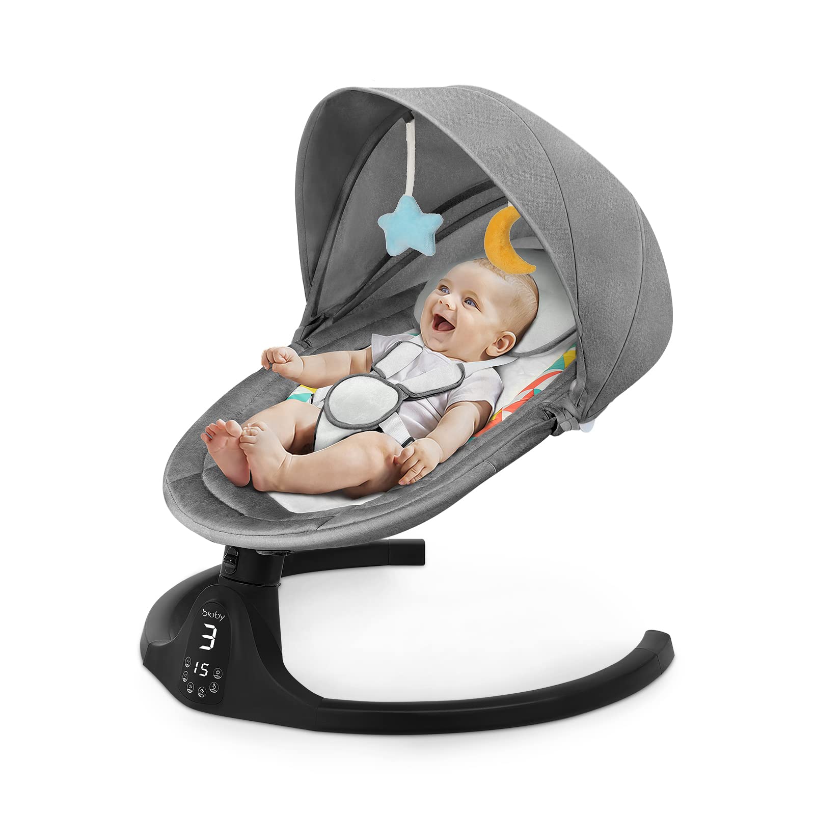 Bioby Baby Swing for Infants,The Five-Point Seat Belt,Bluetooth Touch Screen/Remote Control Baby Bouncer with Music Speaker,Motorized Portable Swing with 5 Swing Speeds（Black）