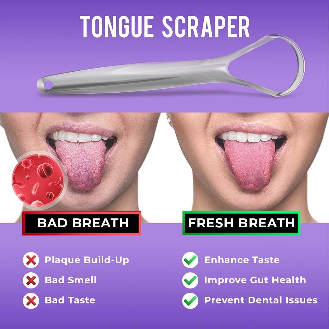 BASIC CONCEPTS Tongue Scraper for Adults (2 Pack), Reduce Bad Breath (Travel Cases Included), Stainless Steel Tongue Cleaners, 100% Metal Tongue Scraper with Case Fresh Breath Tongue Cleaner Oral