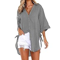 Women's Linen Lace-Up V-Neck Loose Shirt Trendy Loose Comfy Shirts Rolled Up 3/4 Sleeve Oversized Button Down Shirt