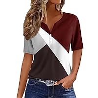 Womens T Shirts Loose Fit, Womens Blouses Business Casual Outfits for Women 2024 Summer Button Short Sleeve Tee Ladies Shirt V-Neck Tshirt Print Blouse Casual Regular Fashion (Deep Red,3X-Large)