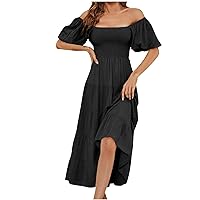 Maxi Dresses for Women 2024 Summer Flutter Sexy Off Shoulder Long Dress Smocked Tiered A Line Flowy Beach Party Dress