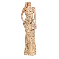 Women Deep V-Neck Long Mermaid Sequin Evening Dress Sleeveless Backless Slim Fit Prom Party Dresses