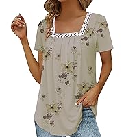 Women's Plus Size Tops Summer Butterfly Print Top Lace Short Sleeve Casual Square Neck T-Shirt Tops, S-3XL