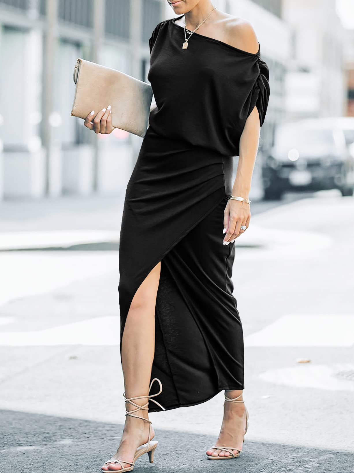 ANRABESS Women's Off The Shoulder Summer Short Sleeve Wrap Slit Bodycon Maxi Elegant Dress