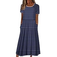 Trendy Summers Office Dress Women Short Sleeve Mid Length Regular Pleated Ladies O-Neck Solid Color Comfortable Blue S