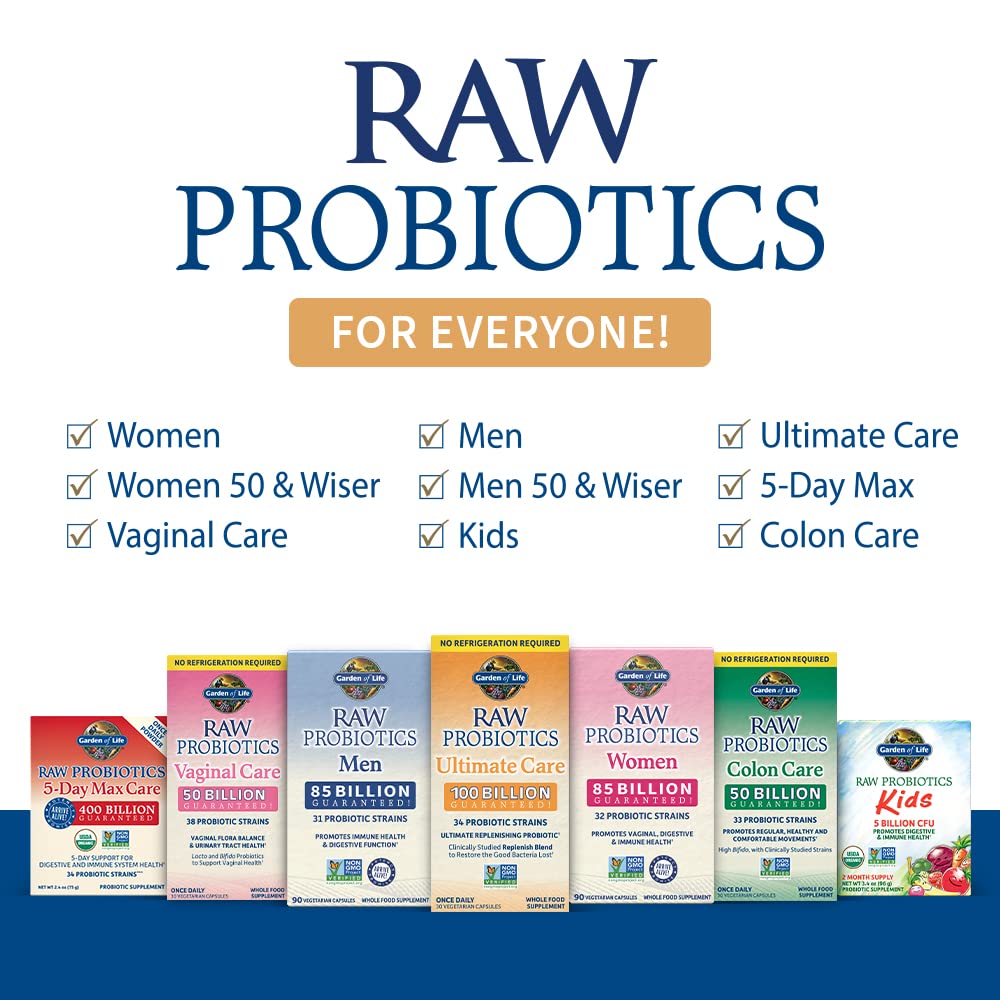 Garden of Life Raw Probiotics for Women and Men Ultimate Care 100 Billion CFU Shelf Stable Non Refrigerated Probiotic Supplement for Adults, Clinically Studied Strains, Digestive Enzymes, 30 Capsules