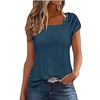 Ruched Tops for Women 2024 Solid Color Simple Versatile Loose Fit Casual with Short Sleeve Square Neck Shirts