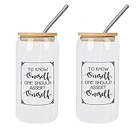 2 Pack Glass Cup with Bamboo Lid And Straw To Know Oneself, One Should Assert Oneself Glass Cup Glass for Mother Day Cups Great For for Juice Coffee Soda Drinks