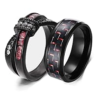 His Hers Wedding Ring Sets Couples Matching Rings Women's Black Gold Filled Red Ruby CZ Wedding Engagement Ring Bridal Sets & Men's Stainless steel Wedding Band