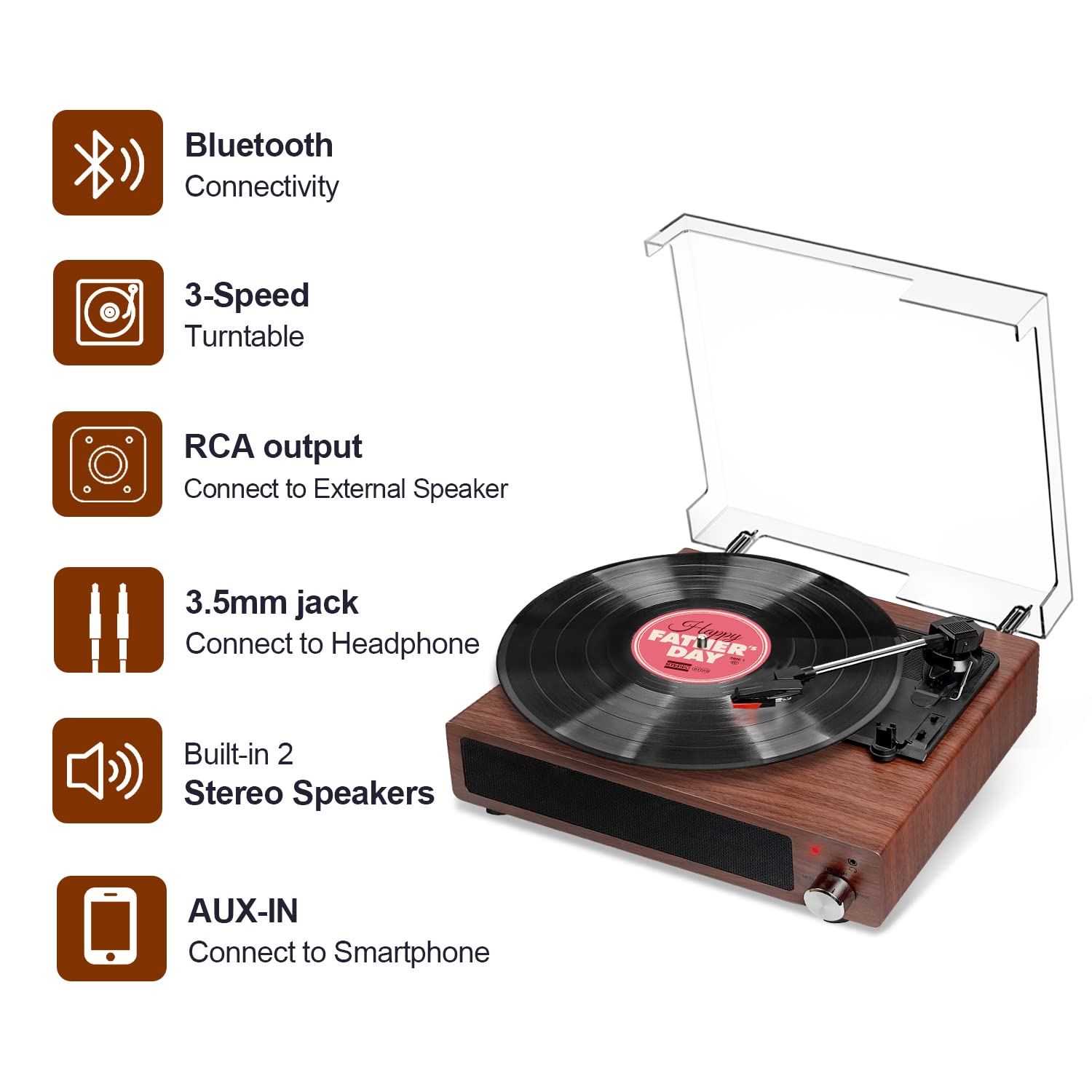 Record Player, FYDEE Bluetooth Turntable with 2 Built-in Stereo Speakers, 3-Speed 33/45/78 RPM LP Vinyl Player, Vintage Vinyl Turntable Player Supports Headphone Jack/Aux Input/RCA Out - Walnut