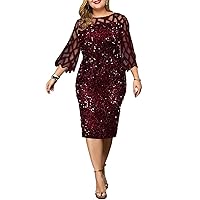 Sequin Dress for Women Plus Size Party Prom Dresses for Nightclub Fashion Sparkle Midi Dress Sexy Long Sleeve Skirt (Color : Wine red)